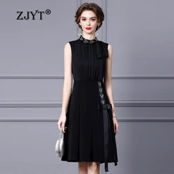 ZJYT Elegant Beading Party Dresses for Women Summer 2024 Stand Collar Sleeveless Short Dress Black Female Clothing 2024 Vestidos