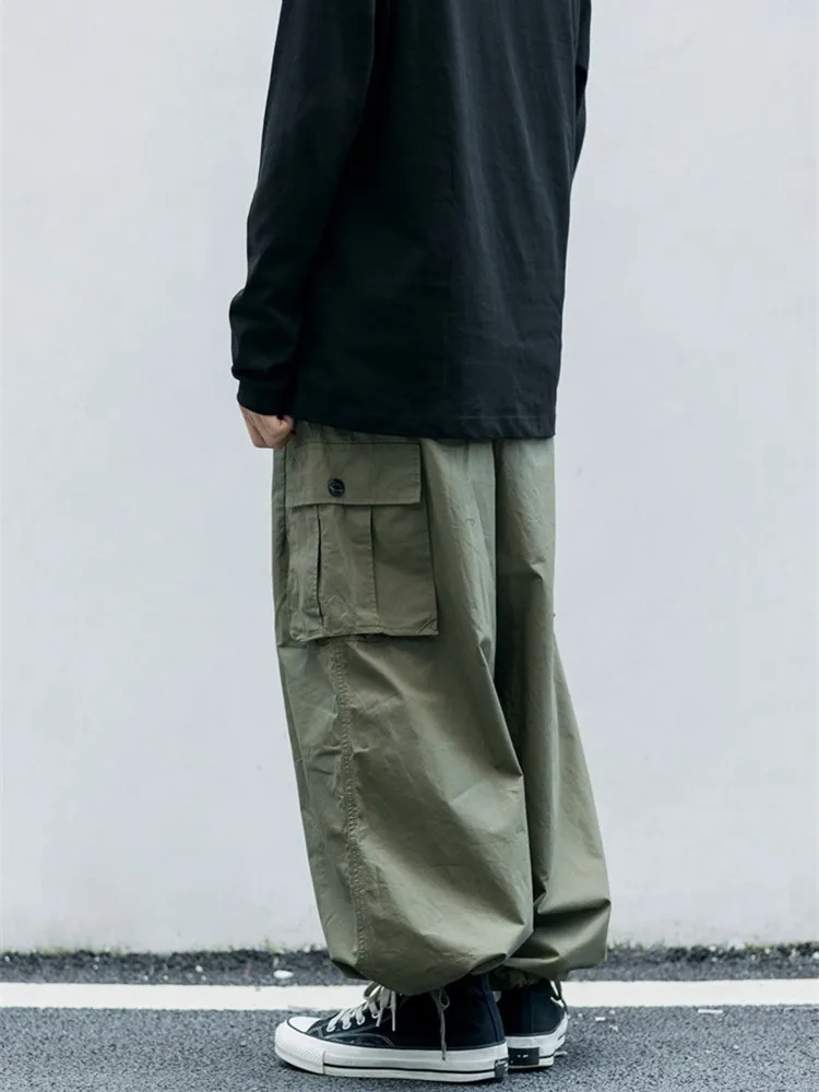 Multi-Pocket Cargo Pants Men's Casual Solid Colour Straight Pants Baggy Wide-leg Cropped Pants Men Ankle-length Pants