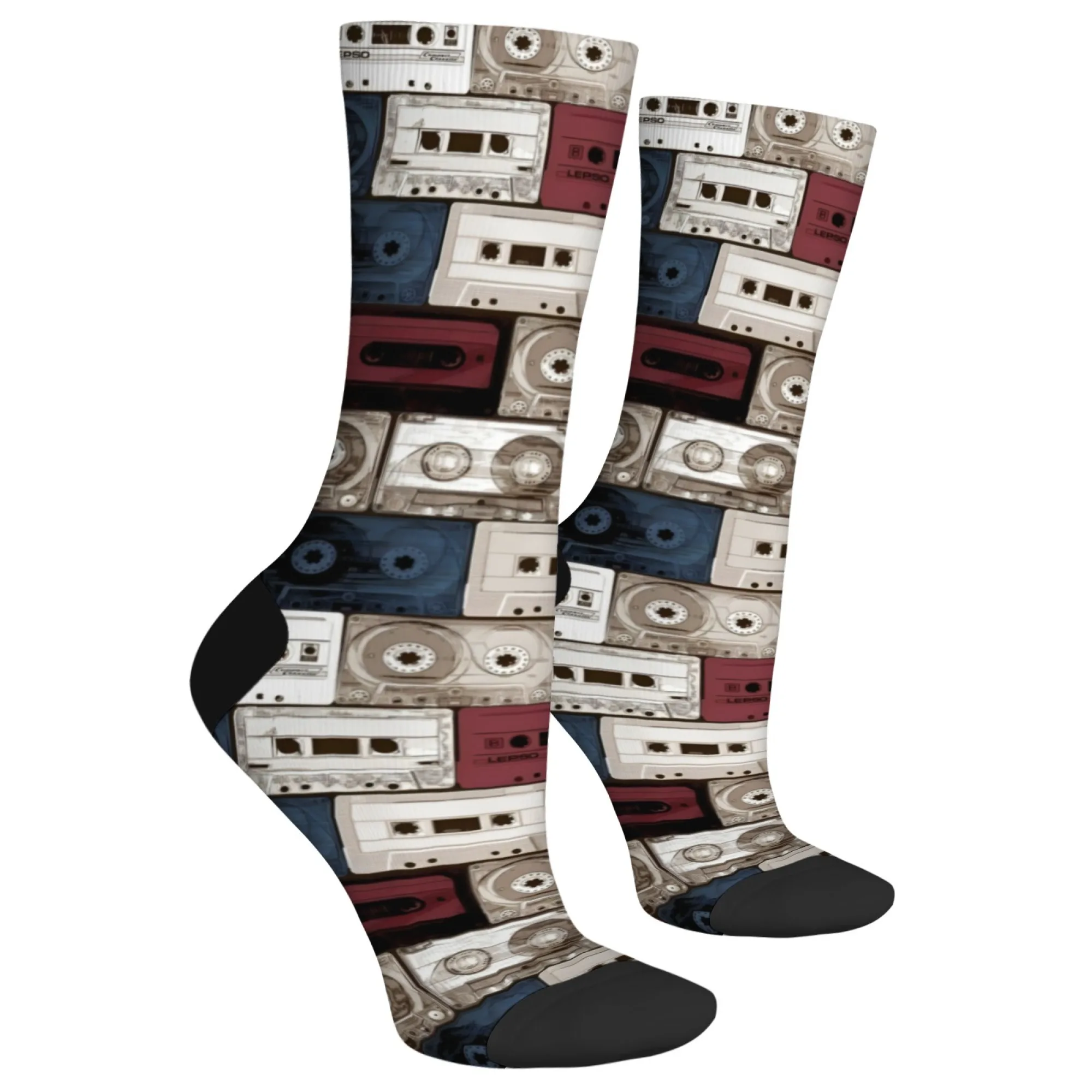 ถุงเท้าผู้ชายลายวินเทจ ดีไซน์เครื่องเล่นเทปคาสเซ็ต ไอเดียของขวัญสำหรับงานเทศกาลดนตรี ถุงเท้าข้อสั้นผ้าโพลีเอสเตอร์สไตล์เรโทร นุ่มและทนทาน