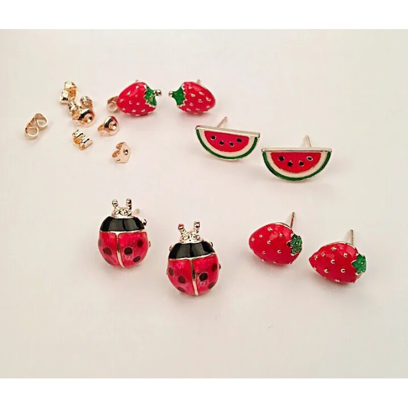 New Fashion Exquisite Summer Red Strawberry Watermelon Ladybug Oil Drop Earrings For Temperament Women Jewelry Gift Wholesale