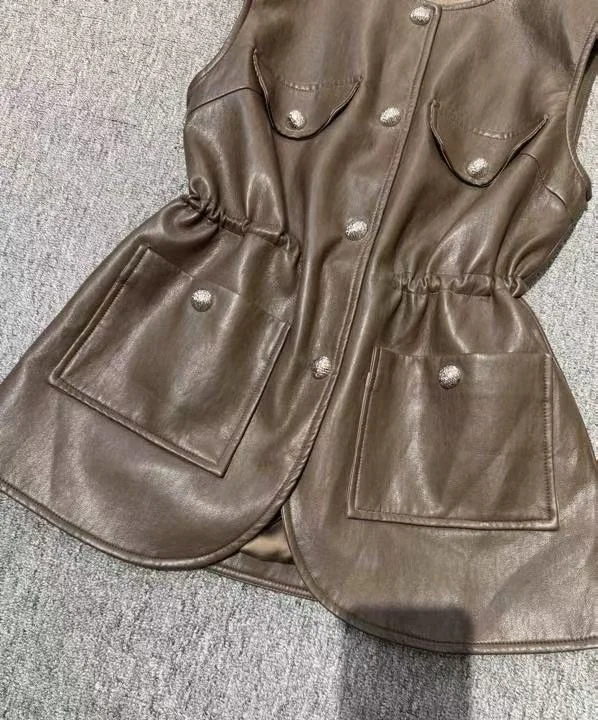 Nieuwste mode jas bovenkleding hoge kwaliteit PU leer dameszak trekkoord taille patchwork casual zwart kaki vest jassen