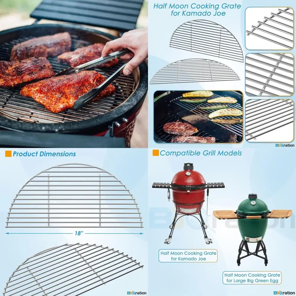 

Stainless Steel Half Moon Grilling Rack for Kamado Joe and Big Green Egg, 18 Replacement Cooking Grate for Kamado Joe Classic an