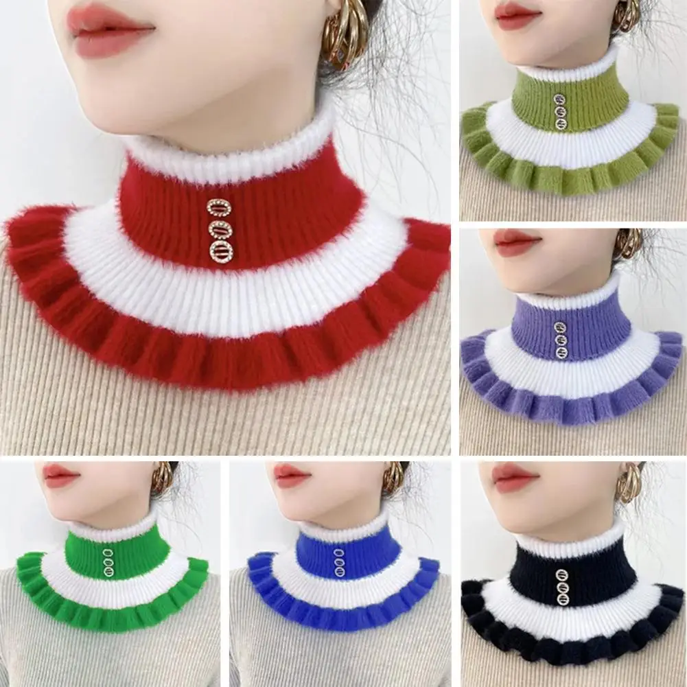 

Women Winter Scarf Fake High Collar Color Matching Ruffle Rhinestone Decor Knitted Elastic Warm Windproof Neck Protection Decor