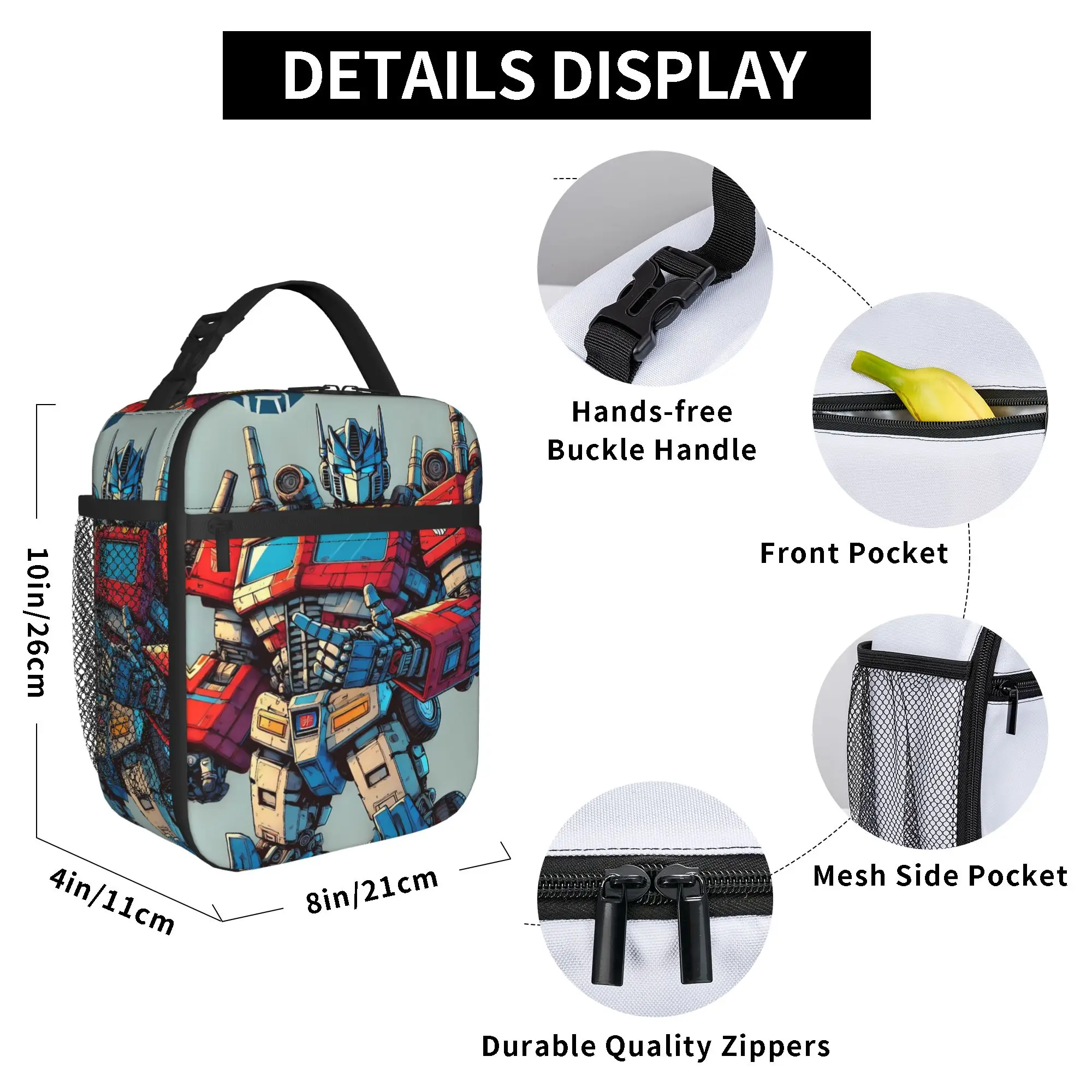 Lunchbag „Transformed Cartoon School Lunch Box“ für Unisex, lässige, tragbare, grafische Thermo-Tragetasche mit Reißverschluss – Detail 6