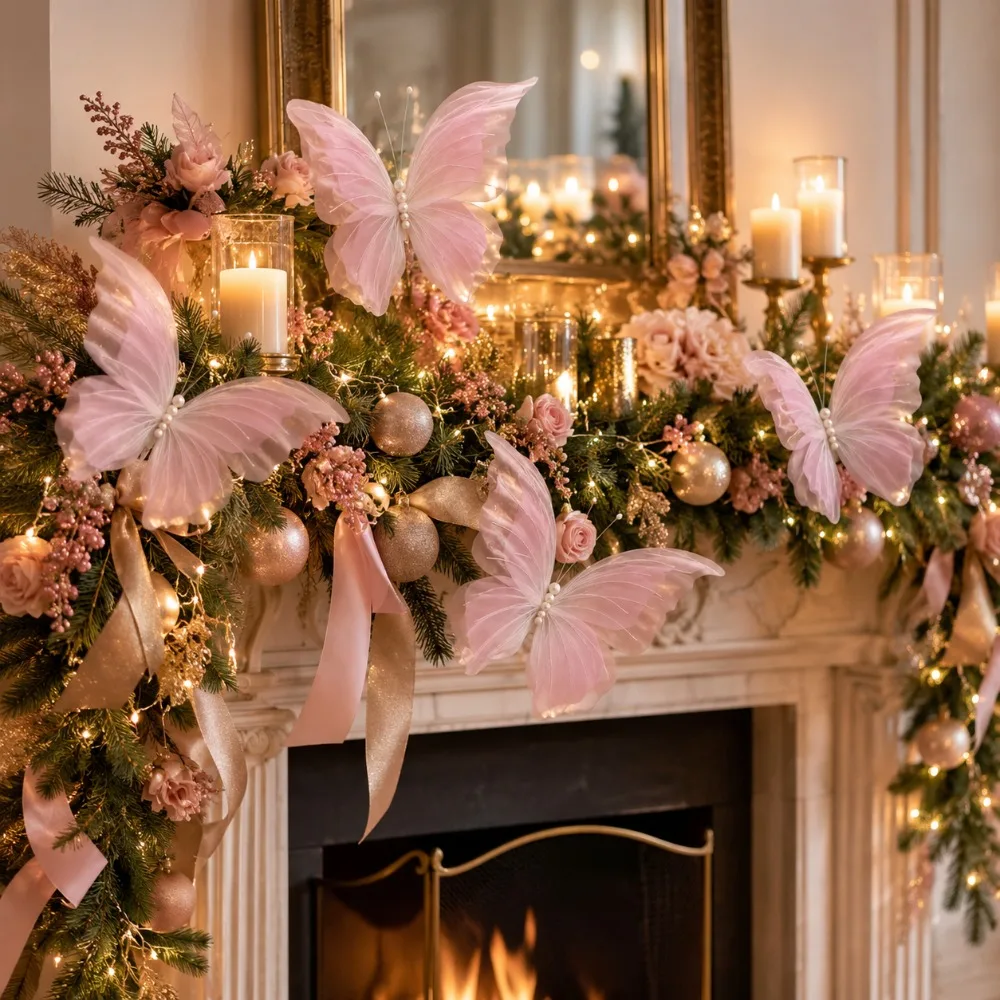 3 Stück große, hängende, rosa Schmetterlingsdekorationen für Weihnachten, Schmetterlinge aus seidenartigem Material mit Laserschimmer, Weihnachtsbaumdekoration – Detail 5