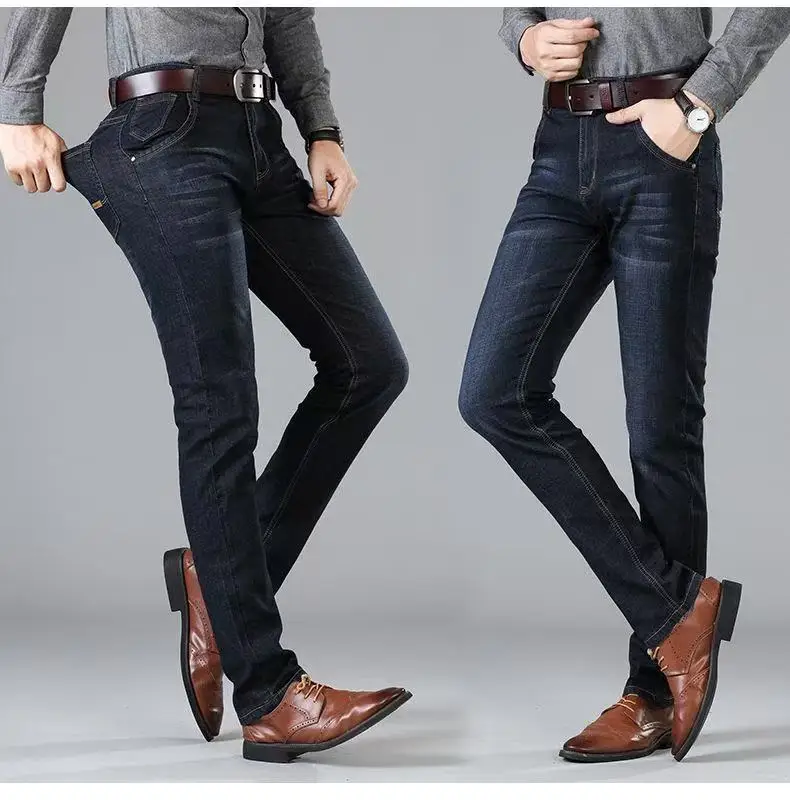 

Новые мужские легкие роскошные эластичные облегающие брюки, удобные мягкие деловые модные прямые повседневные джинсовые брюки, мужская брендовая одежда