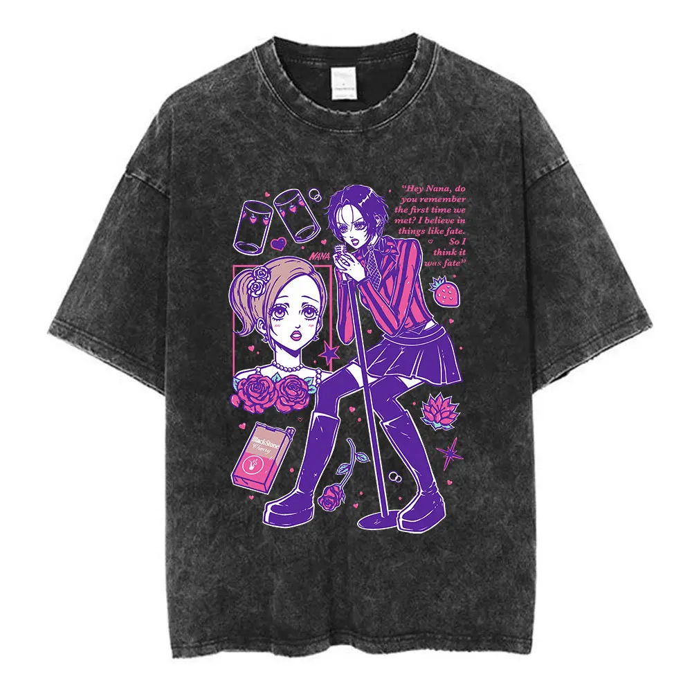 Japanese Anime Black Stones Nana Osaki Vintage Washed T-shirt Men Women Clothing Short Sleeve T-shirts 100% Cotton Loose T shirt