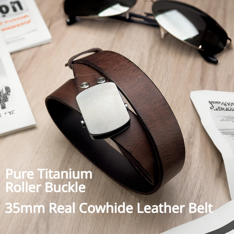 

35mm Genuine Leather Belt Pure Titanium Automatic Roller Buckle Casual Retro Top Grain Cowhide Durable Waistband 105-130cm
