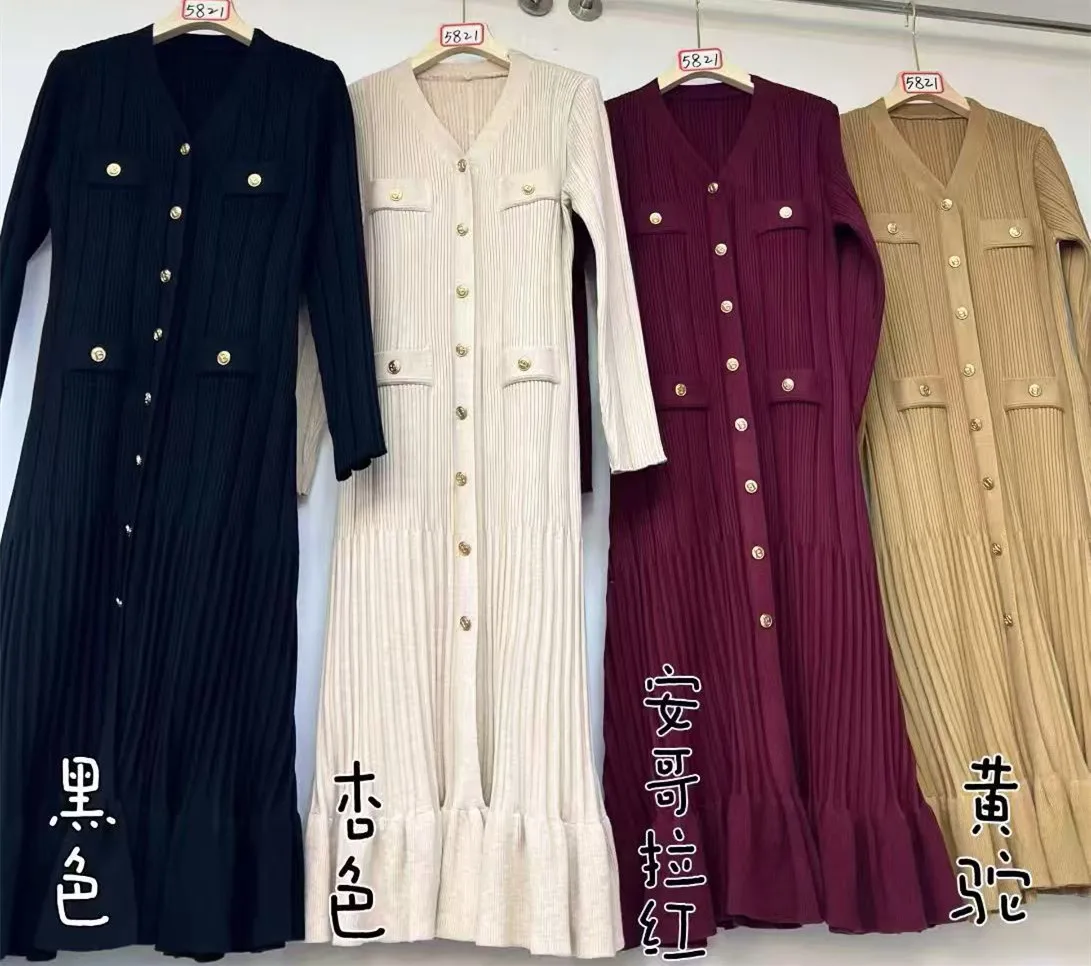 

Women Solid Dresses A Line Knitted Dress Mid Calf Long Sleeve V Neck Single Breasted Loose Fit Casual Elegant 2025 Autumn Winter