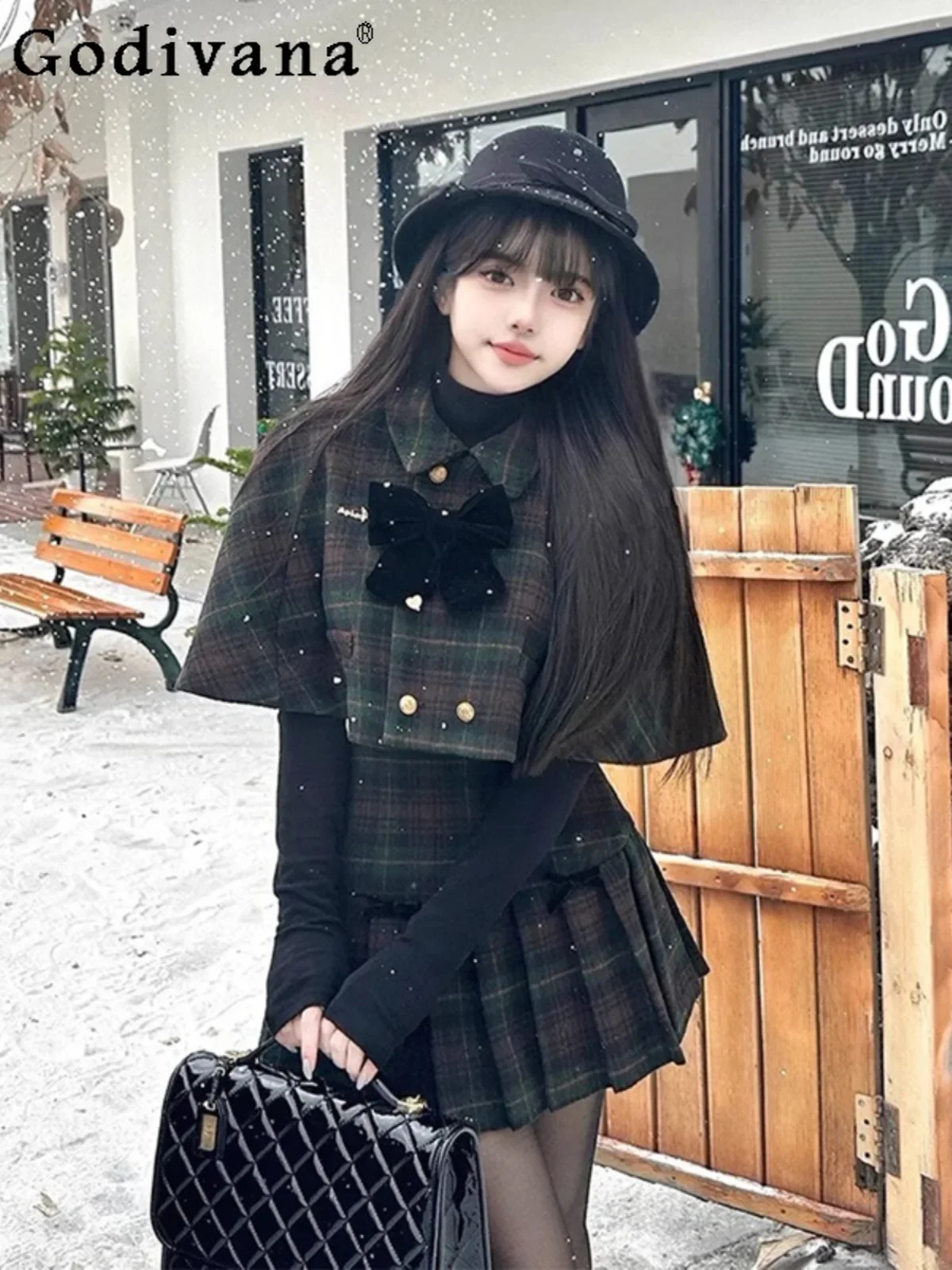 

Academy Style Sweet Woolen Cape Shawl Plaid Skirt Thousand Three Pieces Suit Women Autumn and Winter