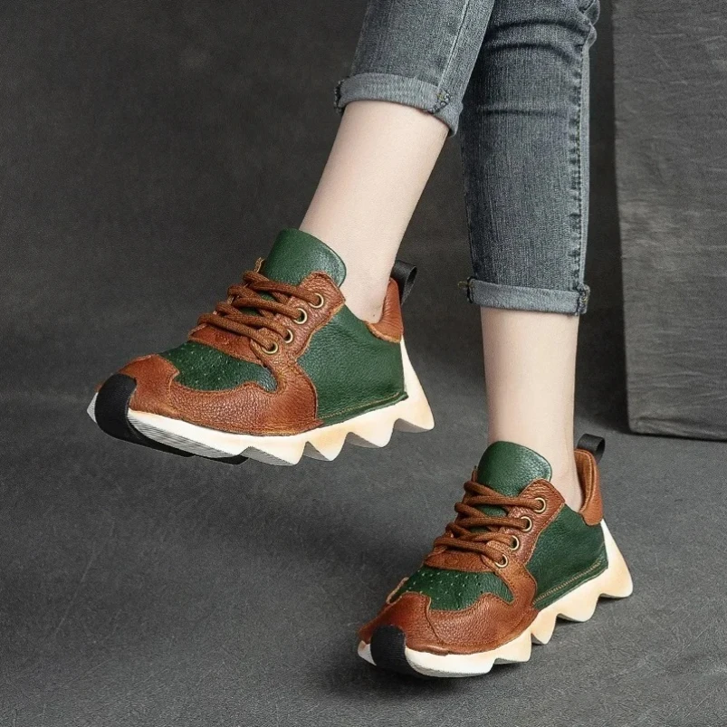 

Новинка весны/осени 2025, женская обувь из натуральной кожи, спортивная обувь на плоском каблуке со шнуровкой, разноцветная вулканизированная обувь для женщин