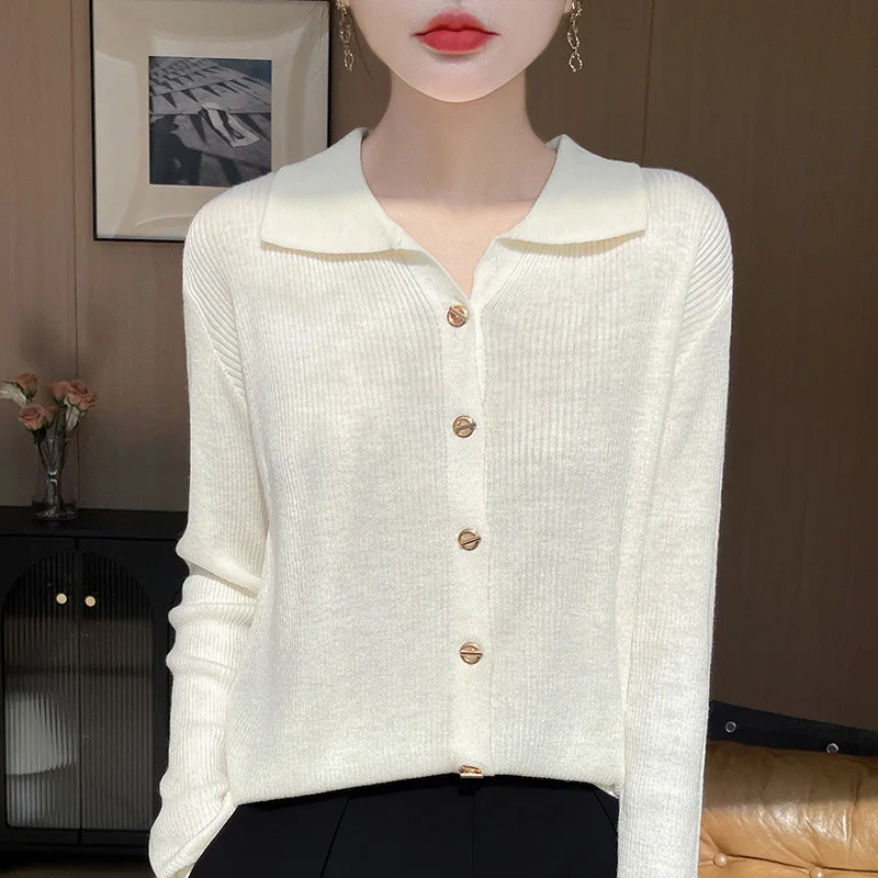 Primavera e outono novo polo manga longa base de lã design premium cor sólida gola de malha cardigan camisola casaco topo