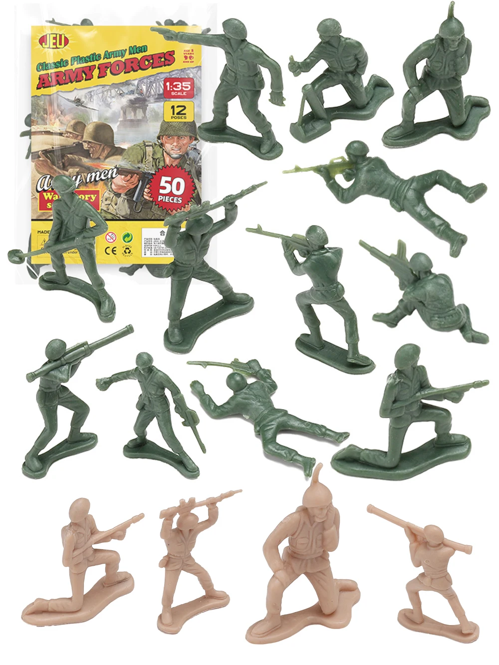 ViiKONDO Army Men Toy Action Figure 50pcs Soft Plastic Green or Tan Soldier 12 Poses Military Guy Battle Troop Wargame Gift Kid