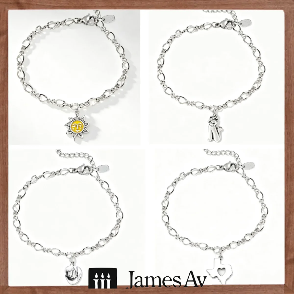 2026 New S925 Silver Vintage Oxidized Charm Bracelet for Women, Heart Link Chain Bracelet with Enamel Pendants, Sun Face, Cowboy Hat, Skull and Texas Map Heart Charms