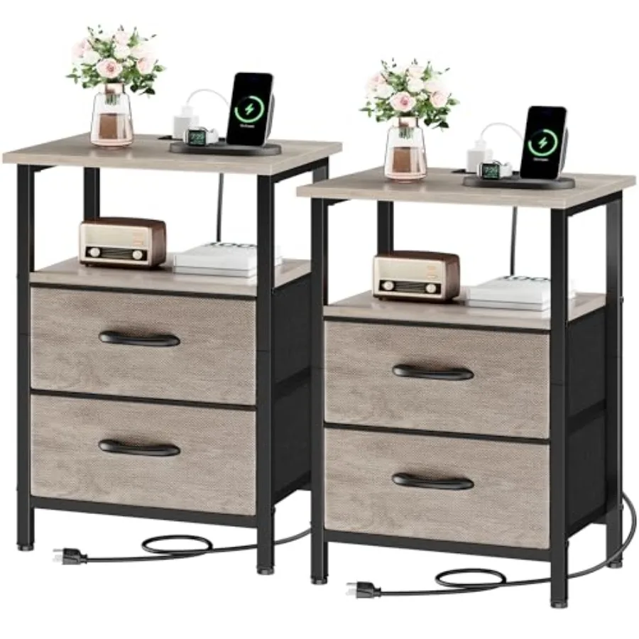 

Night Stand Set 2 Nightstand with Charging Station Bedside Tables with USB Ports and Outlets 24.2" Tall End Table with Open She
