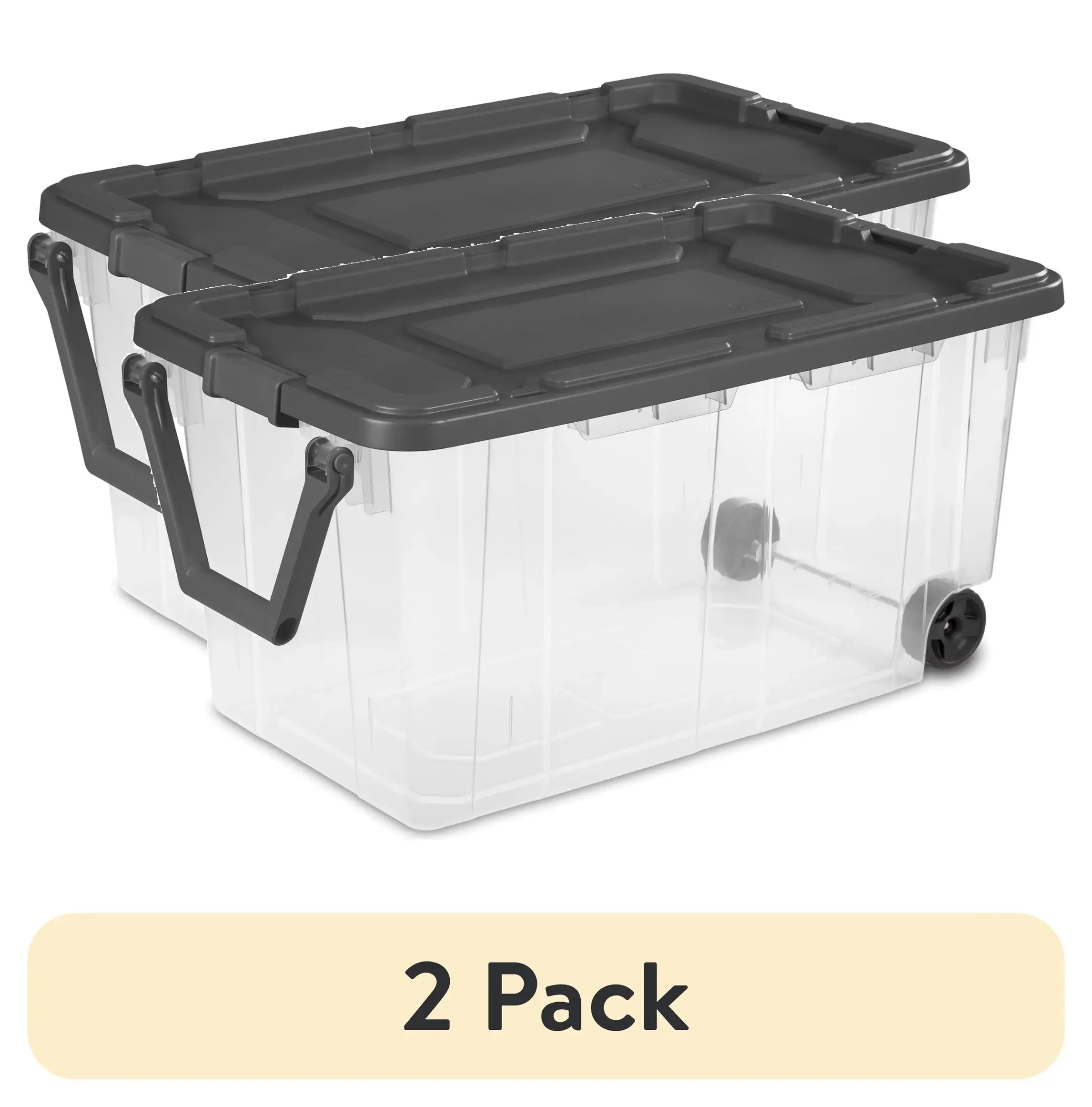 

(2 Pack) 160 Quart Wheeled Storage Box, Extra Large Durable Clear Plastic Bin, Latch Lid, Gray