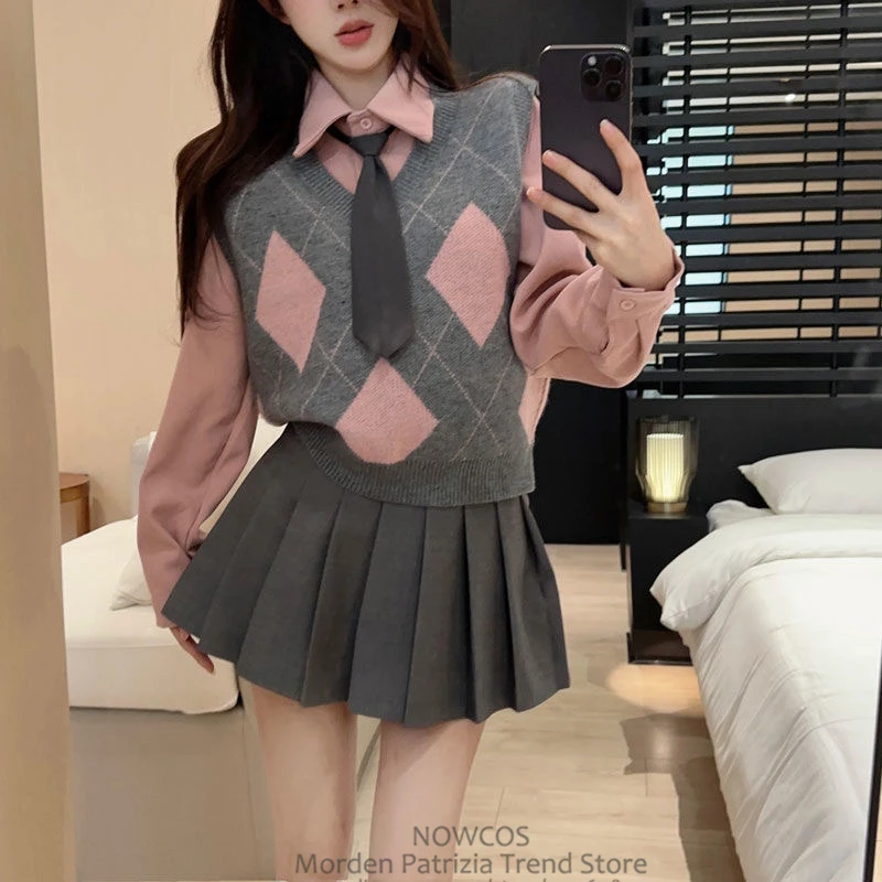 Spring Autumn 2024 Japanese Korean Academy Style Uniform Set Women's Knitted Vest Sweater Pink Long Sleeved Shirt Pleated Skirt