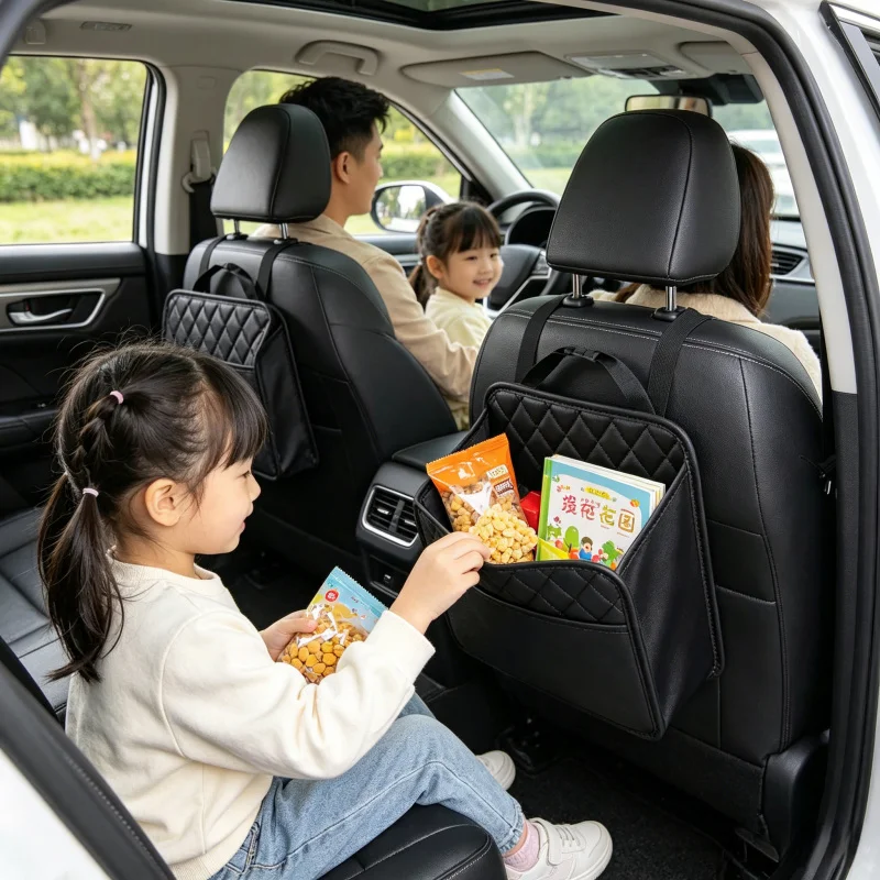 2Pcs Universal Car Seat Back Organizer – PU Leather Storage Bag, Multi-Pocket Waterproof Design with Tissue Holder & Cup Holder