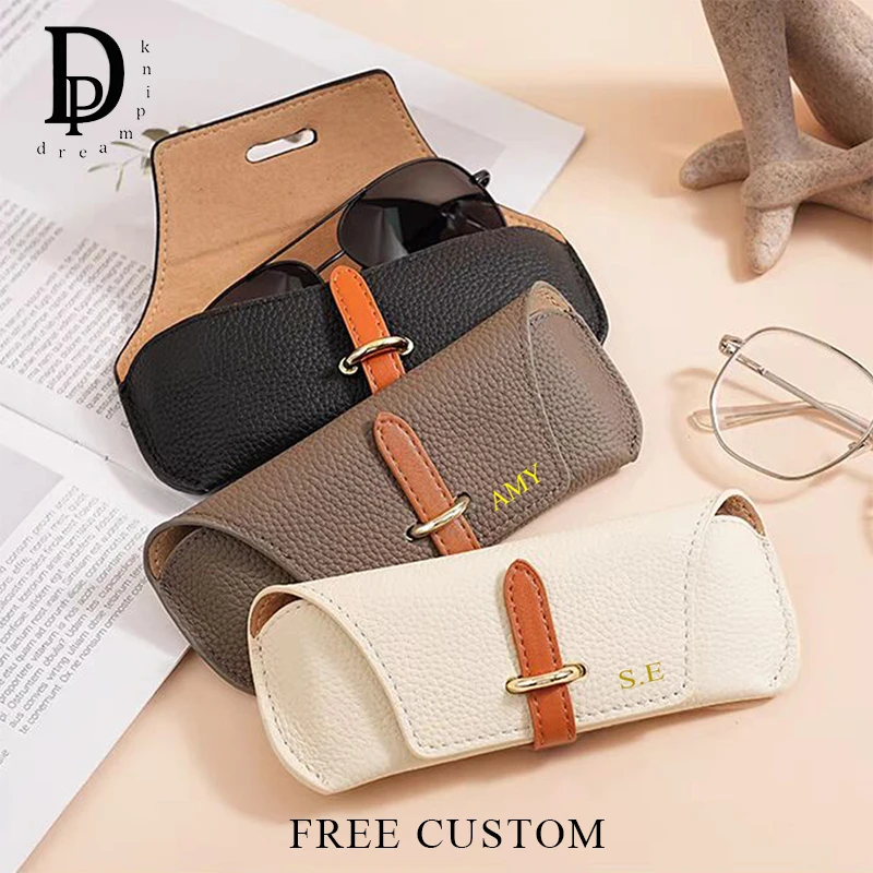 Luxury Leather Custom Initials Glasses Bags Woman Portable Protective Travel Sunglasses Case Engrave Name Fashion Cosmetic Bag