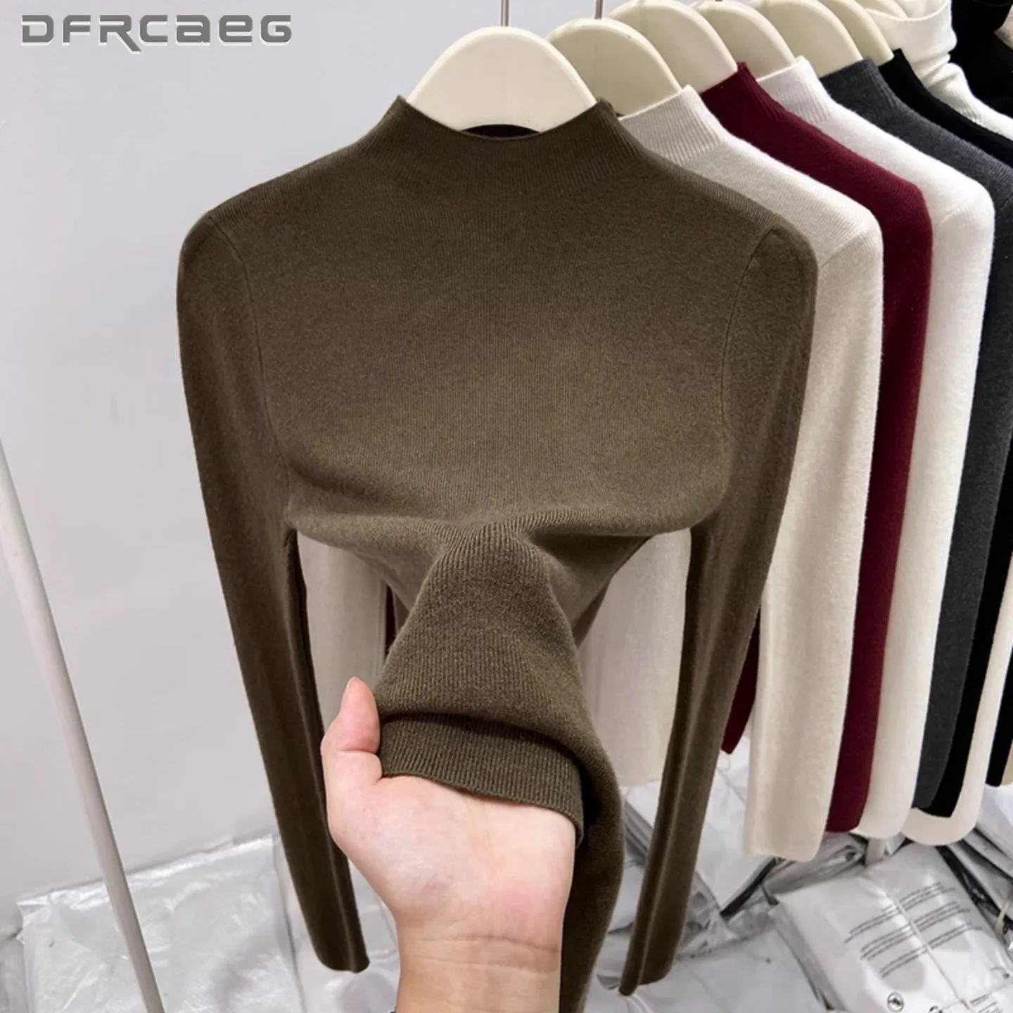

Korean Style Soft High Elastic Knitted Bottoming Sweaters Women Autumn Winter Mock Neck Casual Long Sleeve Pullover Tops Lady