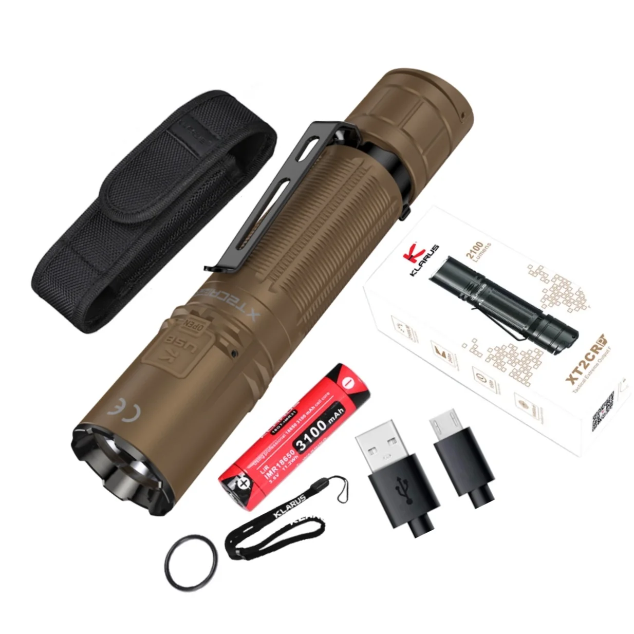 New KLARUS Tactical Flashlight 2100LM Rechargeable Police Torch Light with 18650 3100mah Battery for Camping Self Defense Hiking