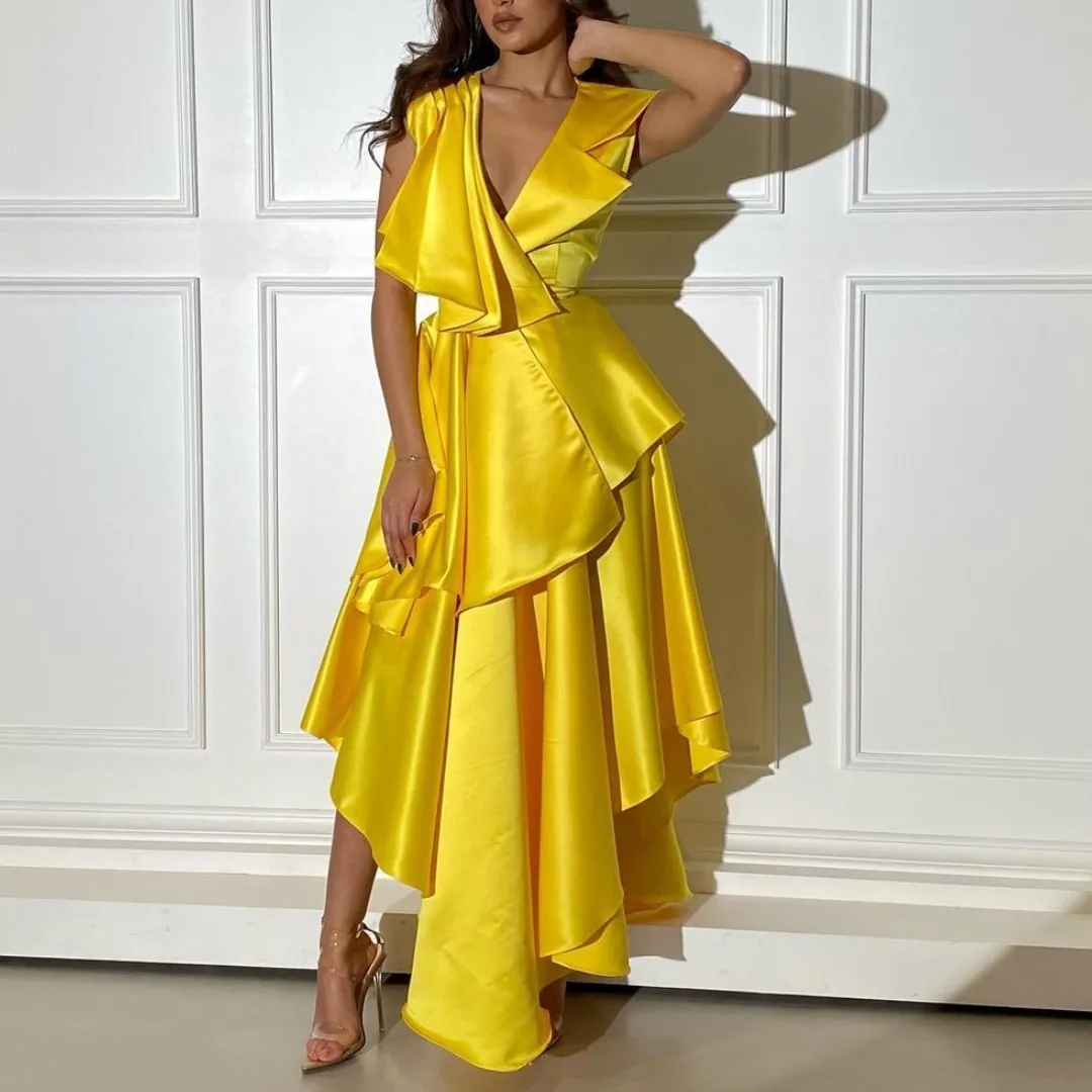 

Sexy V Neck Robe Des Cocktail Party Women Wear Prom Dresses Tiered Ruched Asymmetria Evening Dress Zipper Back Yellow Vestidos