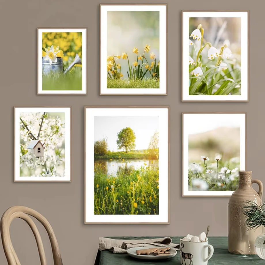 Frühlingslandschaft Blumen Grüne Pflanzen Wandkunst Leinwanddruck Poster Modernes Wohnzimmer Heimdekoration Wandbild