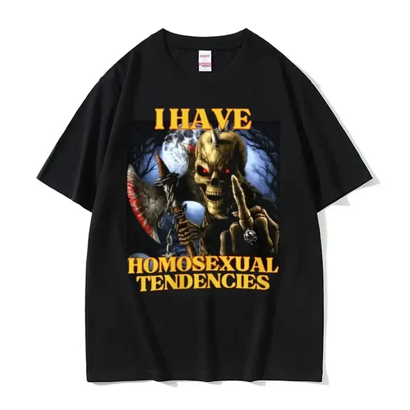 Homosexual Funny Hard Skeleton Meme 100% Cotton T-shirt Men Fashion Harajuku Vintage TShirt Male Casual High Quality T Shirt