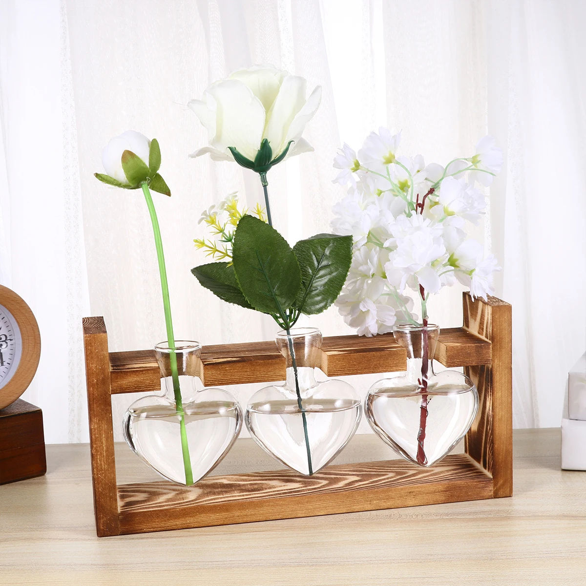 

3Pcs Retro Heart Glass Vase Hydroponics Planter Container Wooden Holder for Flower Planting Birthday Wedding Home Decoration