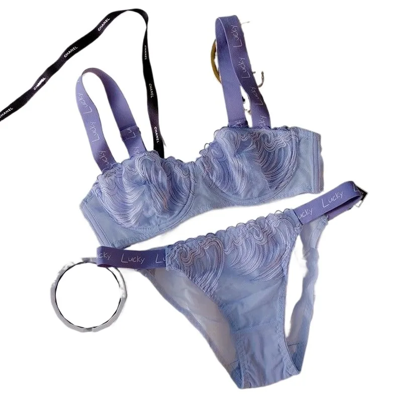 

Charming Half Cup~ Sexy Blue Lace Underwear Women's Ultra-thin New Large Breasts with Small Soft Steel Ring Bra Cover Brief Sets