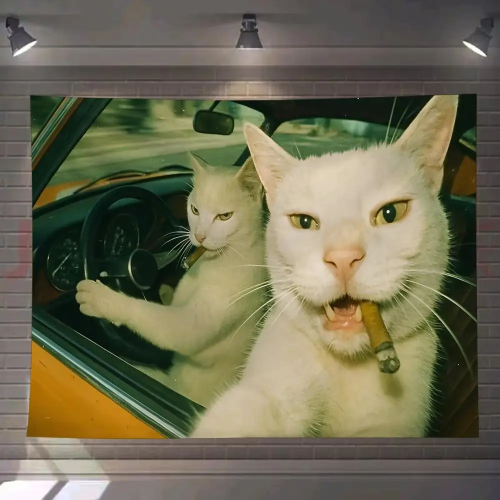Wandteppich „Katzen fahren“ – Lustiger, individuell gestalteter Wandbehang für Wohnzimmer, Schlafzimmer, Party, Studentenwohnheim, Boho-Dekoration