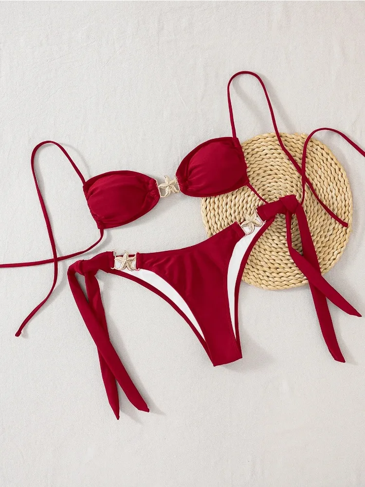 

Sexy Red Bikini Set For Women With Push Up Bandage Thong Black Metal Hollow Out Starfish Beach Swimsuit 2025 New 2 piece set