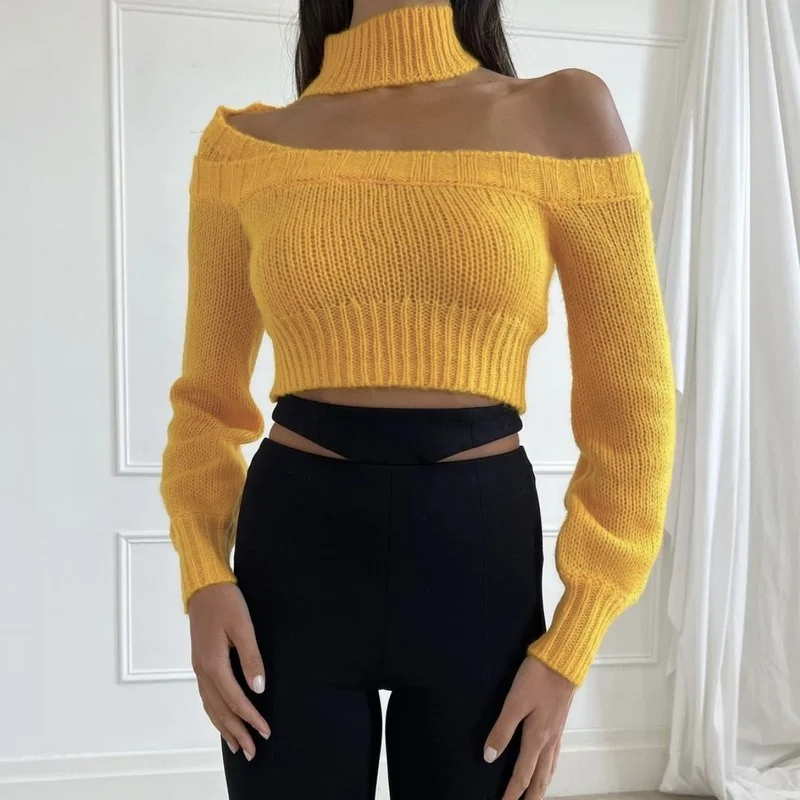 Frauen Stricken Off-Schulter Frauen Pullover 2022 Herbst Neue Halter Langarm Crop Top Strickwaren Casual Streetwear Pullover pullover