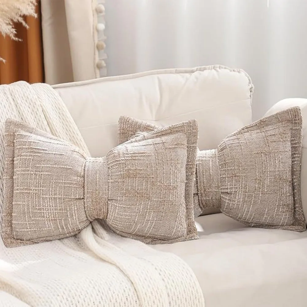 French Luxury Bow Pressed Edge Pillow Cases Decorative Soft Sofa Cushion Covers Chenille Textured Breathable Cushion Covers Boho