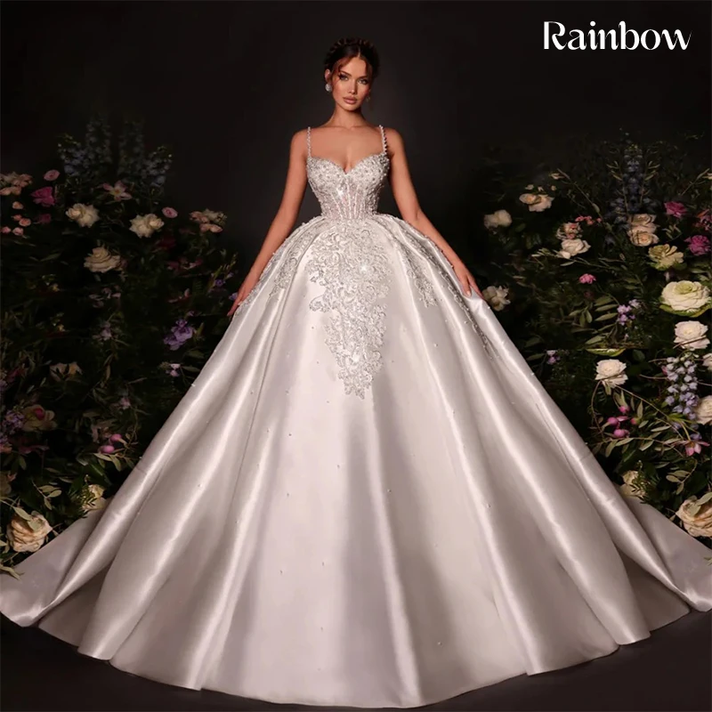 

High Quality Wedding Dress Satin With Beading Princess Ball Gown Sleeveless V-Neck Spahrtti Strap Customized Bride Dress Button