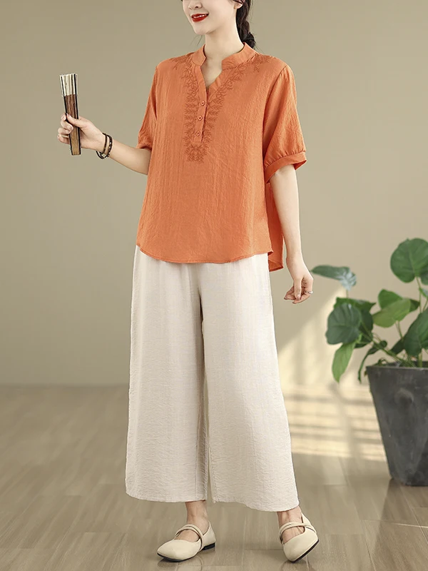2025年夏 レディース コットンリネン 刺繍入りトップス ハイウエスト ワイドレッグパンツ ツーピースセット おしゃれ 快適 通気性