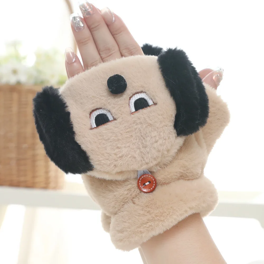 

Soft Dog Cartoon Plush Mittens Thickened Touch screen Half Finger Gloves Keep Warm Korean Style Flip Cover Plush Gloves Winter