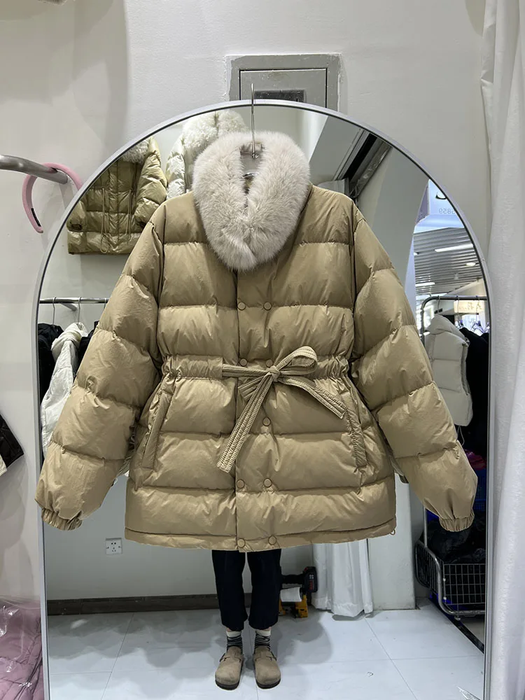 

2025 New Real Fox Fur Women Winter Puffer Jacket Thicken Fluffy Warm Parka Women Waist Retractable Duck Down Waterproof Coat