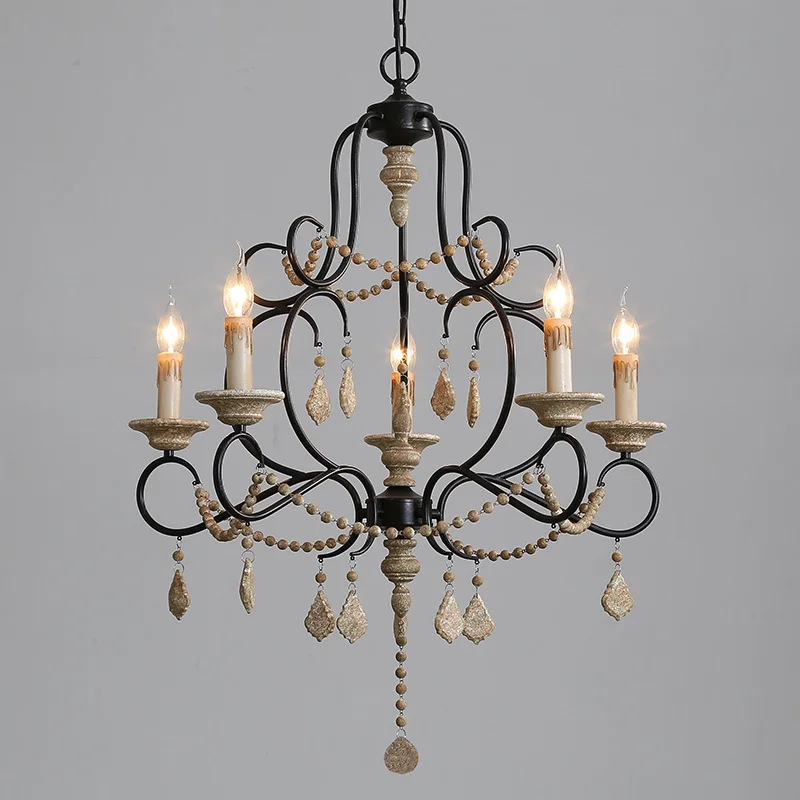 

American Country Dining Room Chandelier Retro Light Luxury Crystal Lamp Wood Art Living Room Bedroom French Candle Lamp