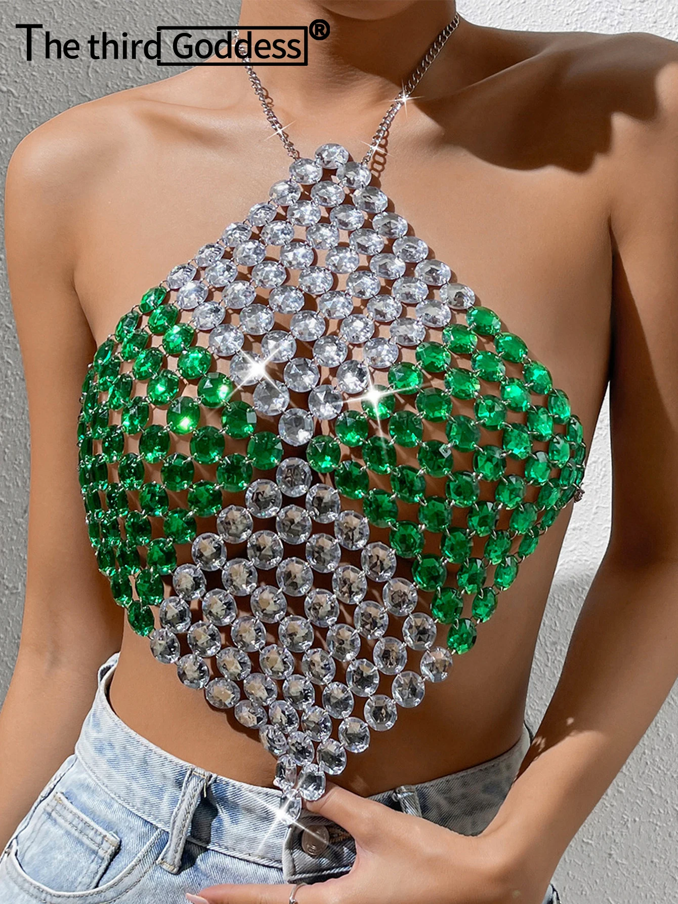 Sexy y2k clothes metal rhinestone crop top women summer see through body beach halter tank top club party sleeveless tops outfit
