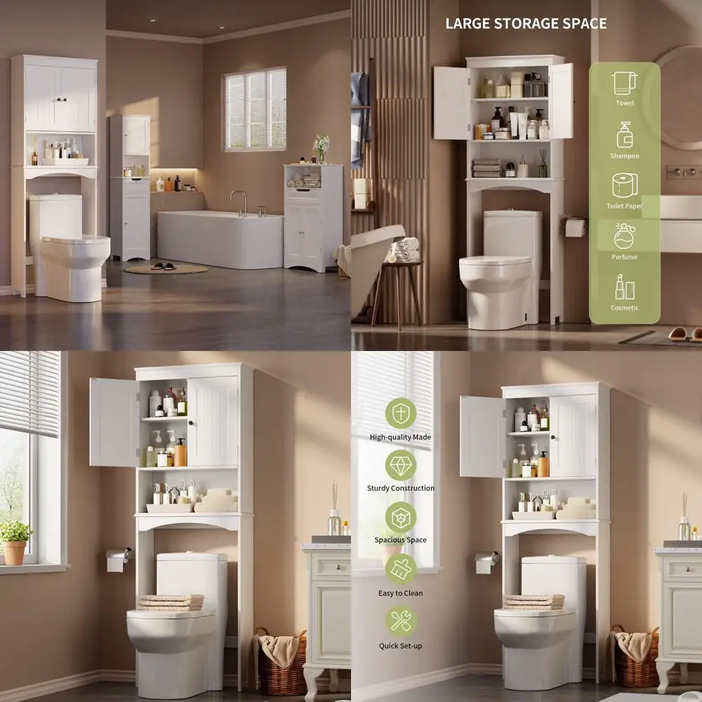 

Over Toilet Storage Cabinet with Adjustable Shelf, Double Doors, and Open Shelf - White, Taller Wooden Freestanding Bathroom Org