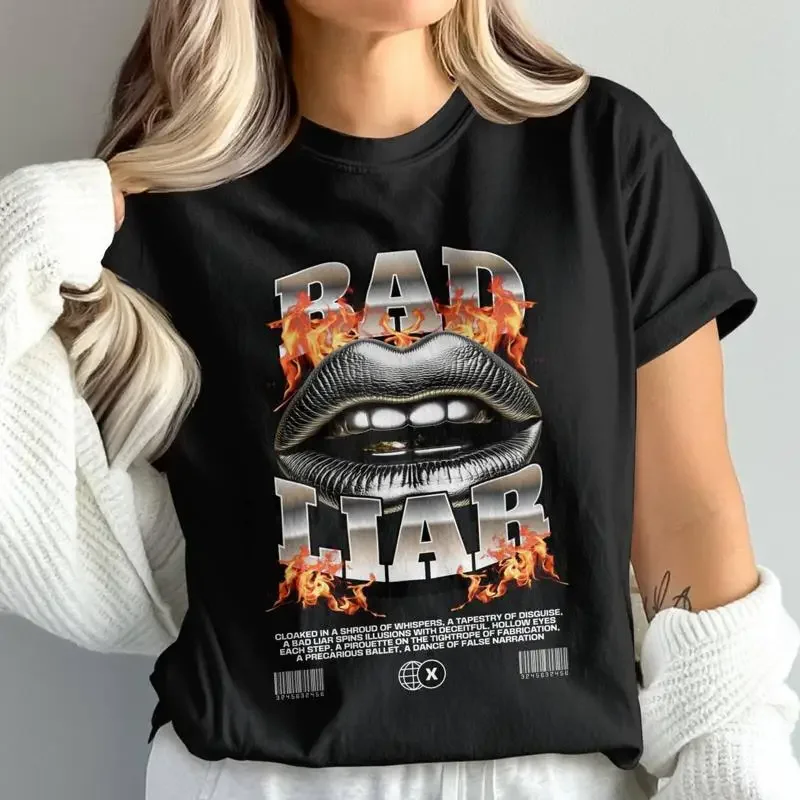 Stylish Bad Liar T Shirt Bold Lips On Fire Design Trendy Stateme
