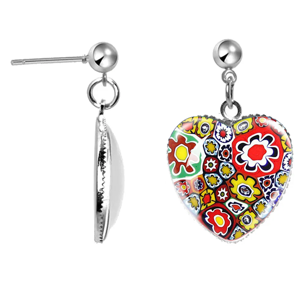 Murano Millefiori Earrings Multi Colour Flower Glass Cabochon Heart Earrings Jewelry For Women Girls Gift Wholesale