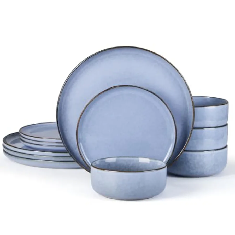 

Набор посуды из 12 предметов с реактивной глазурью: керамические тарелки и миски из каменной керамики на 4 персоны, для микроволновой печи и посудомоечной машины