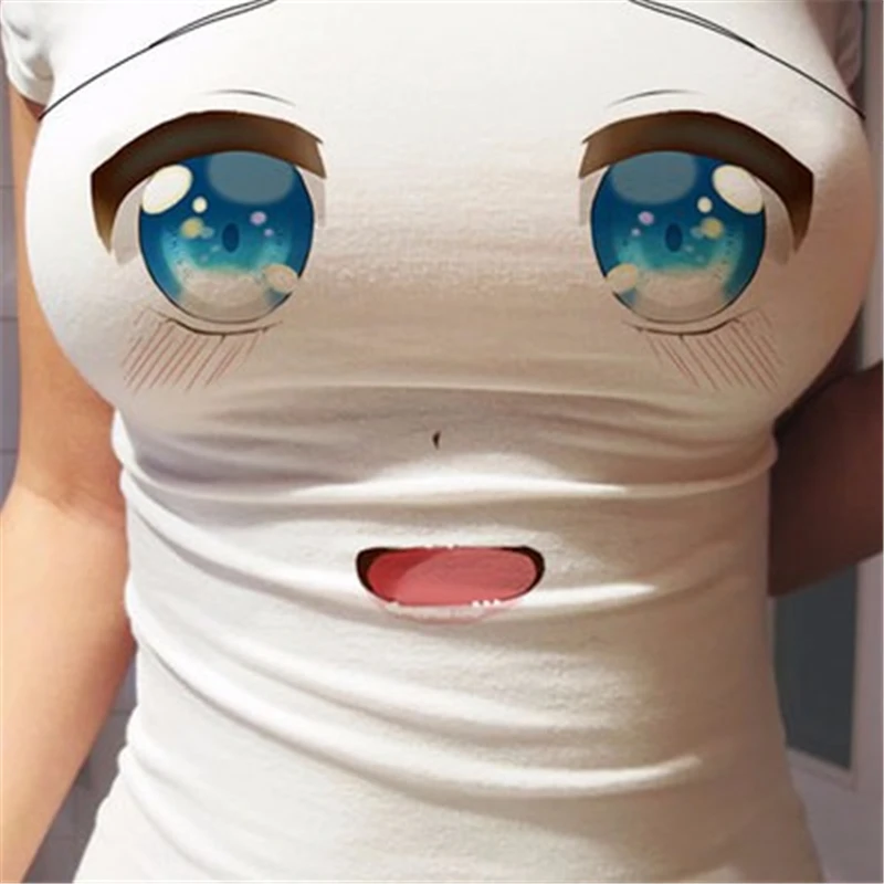 T-Shirt à manches courtes et col rond pour femme, haut imprimé 3D, dessin animé, grands yeux, sexy, mignon, drôle, vêtements, été, 2023