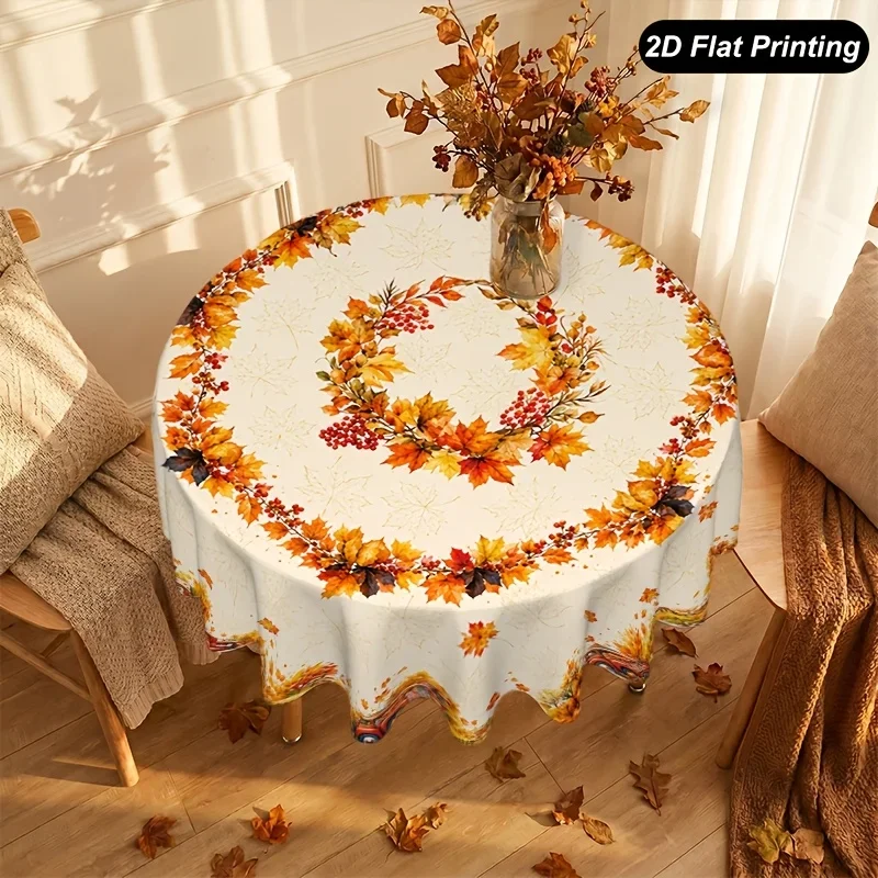 One autumn round tablecloth with an autumn wreath pattern, perfectly decorating your table and home environmentxzj