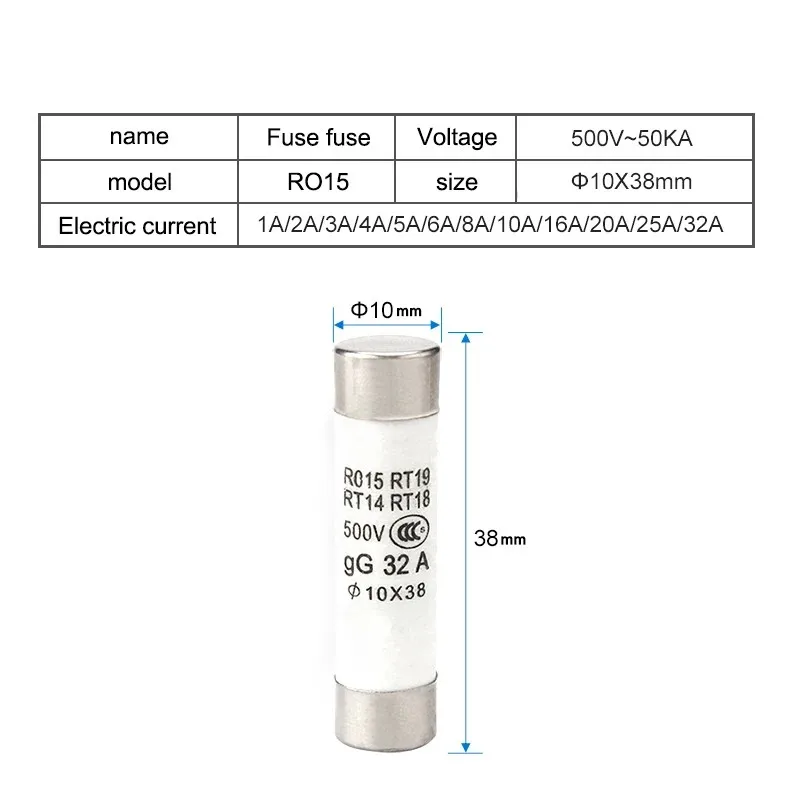 10Pcs 10*38 Fast blow Ceramic Fuse 10x38mm Fuse 500V  1A 2A 3A 4A 5A 6A 8A 10A 16A 20A 25A 32A  RO15 RT19 RT14 RT18