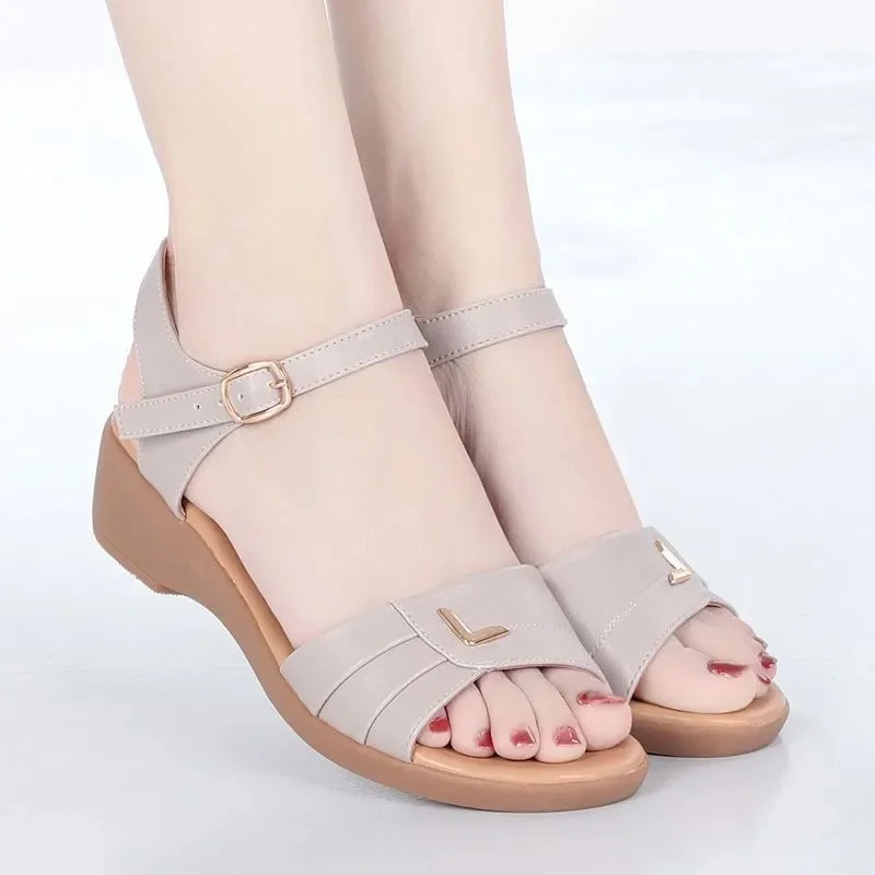 Women Sandals Summer New Comfort Wedge Heel Metal Buckle Strap Design Flat Bottom Middle-aged and Elderly Soft Sole Women's Shoe