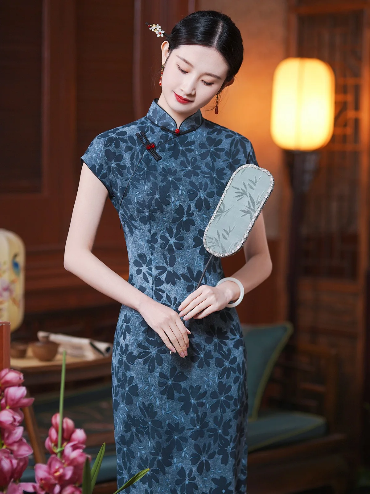 Spring and Summer New Chinese Retro Full Cardigan Short Sleeve Cheongsam Dress