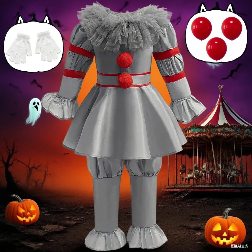 Horror Ghost Movie Clown Halloween Costumes Kids Party Dress Up Scary Joker Pennywise Role-play Clothes Top+Pants+Balloon+Gloves